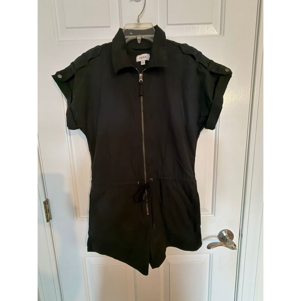 Pistola Meg Zip Front Romper Black Utility Drawstring Waist XS